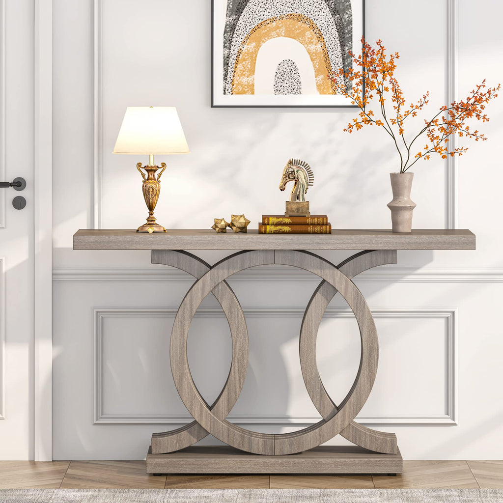 55 inches Console Table with Geometric Base, Farmhouse Hallway Table, Wooden Entryway Sofa Table, Unique Long Accent