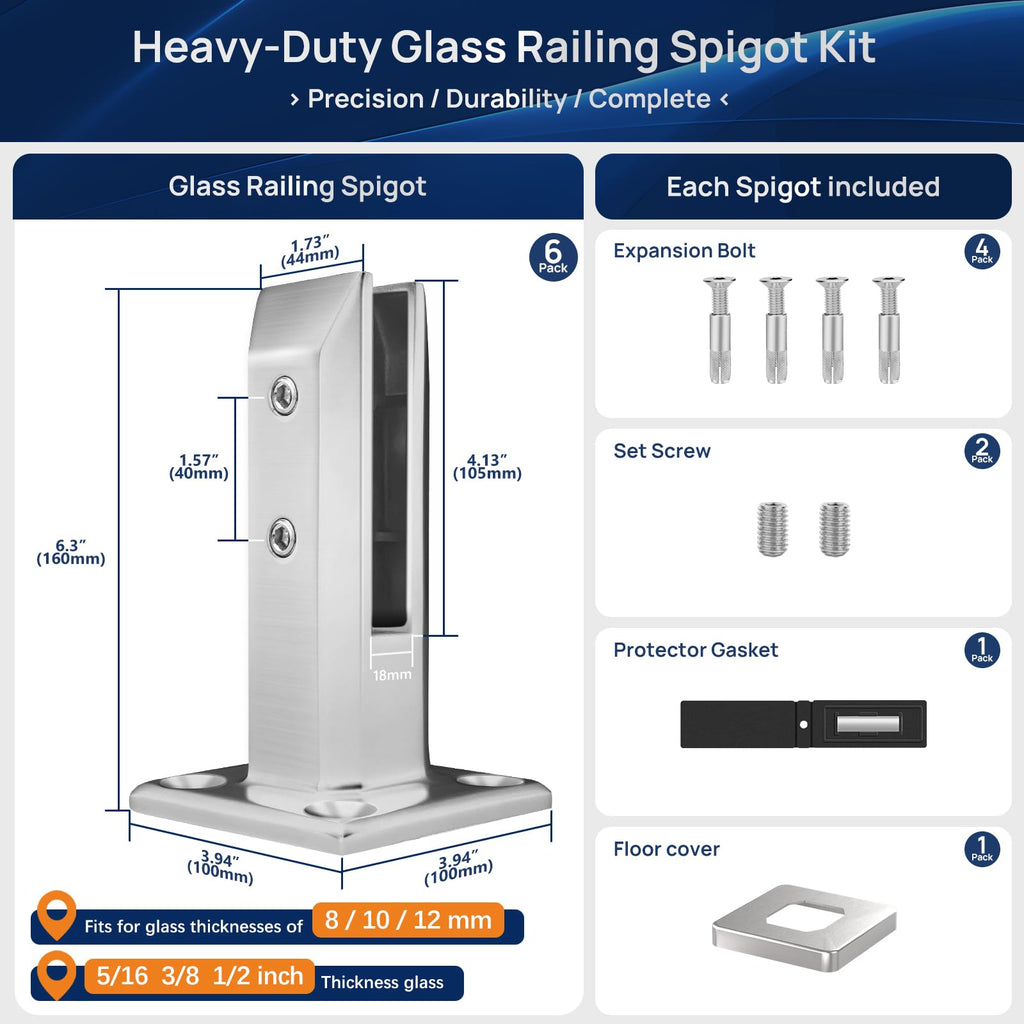 6 Pack T304 Stainless Steel Glass Railing Spigot Brushed