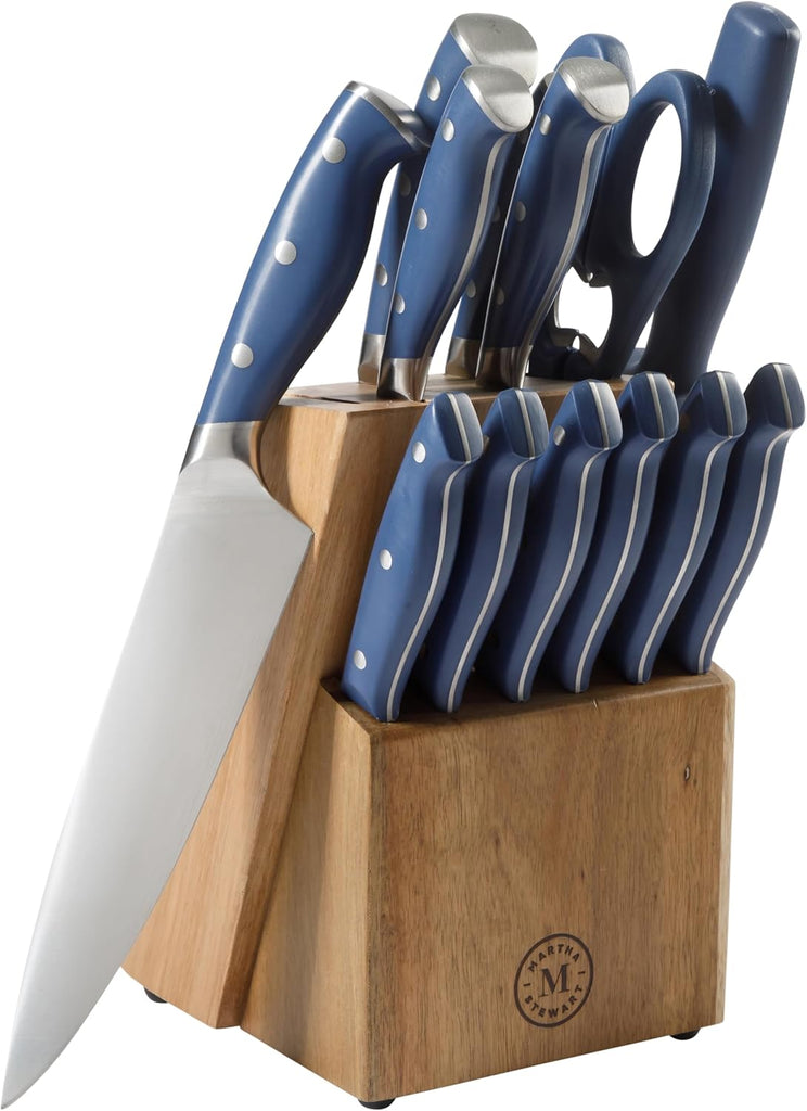 Greeley Forged High Carbon Stainless Steel 14 Piece Knife Block Set, Navy Blue Kitchen Knife Set with Acacia Wood