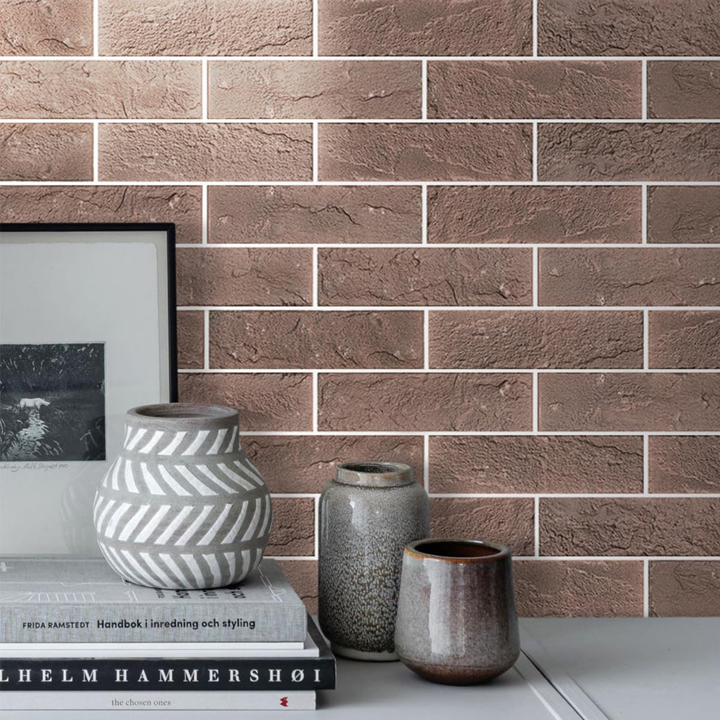60 Red/Brown Thin Brick Wall Tiles, Clay Manufactured Faux Brick Veneers, Fireplace and Fence Wall Panels (8.5 sq.ft)