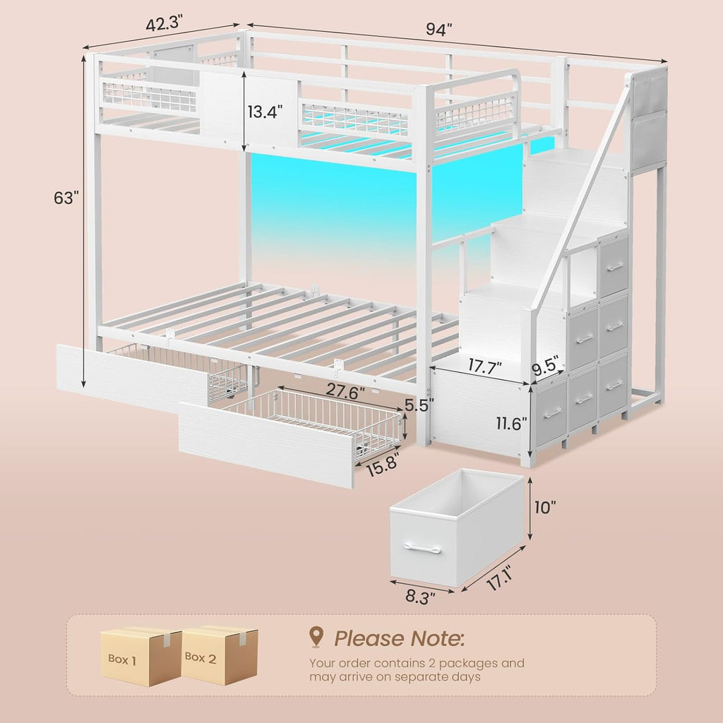 Bunk Bed Twin Over Twin with Stairs, LED Lights Twin Bunk Bed with 2 Storage Drawers & 6 Fabric Drawers