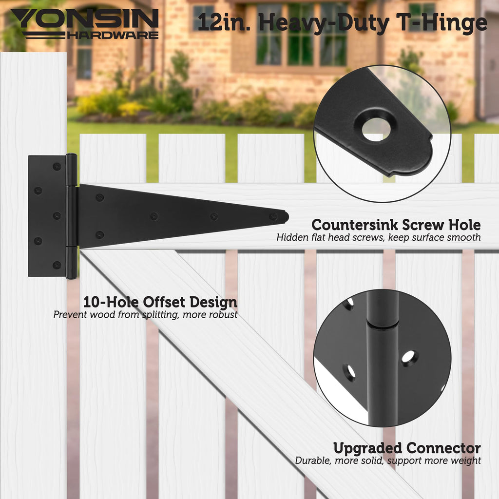12" T-Strap Shed Door Hinges 6Pcs, Heavy Duty Black Tee Hings for Wooden Fence Gate, Outdoor T Hinges