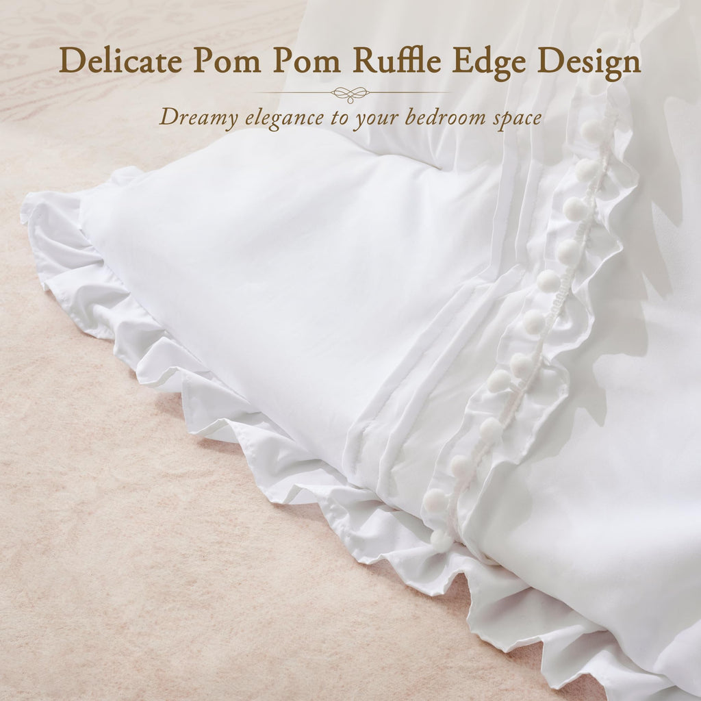 White Ruffle Comforter Set, 3 Pieces Lightweight Fluffy All Season Bedding, Farmhouse Boho Bed Sets with