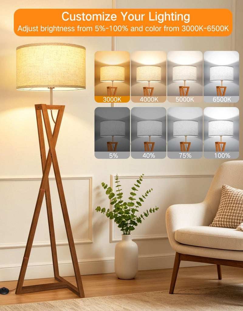 62" Wood Tripod Floor Lamp, Dimmable Mid Century Modern Vintage Lamps with Remote Control, 4 Color Temperature, LED