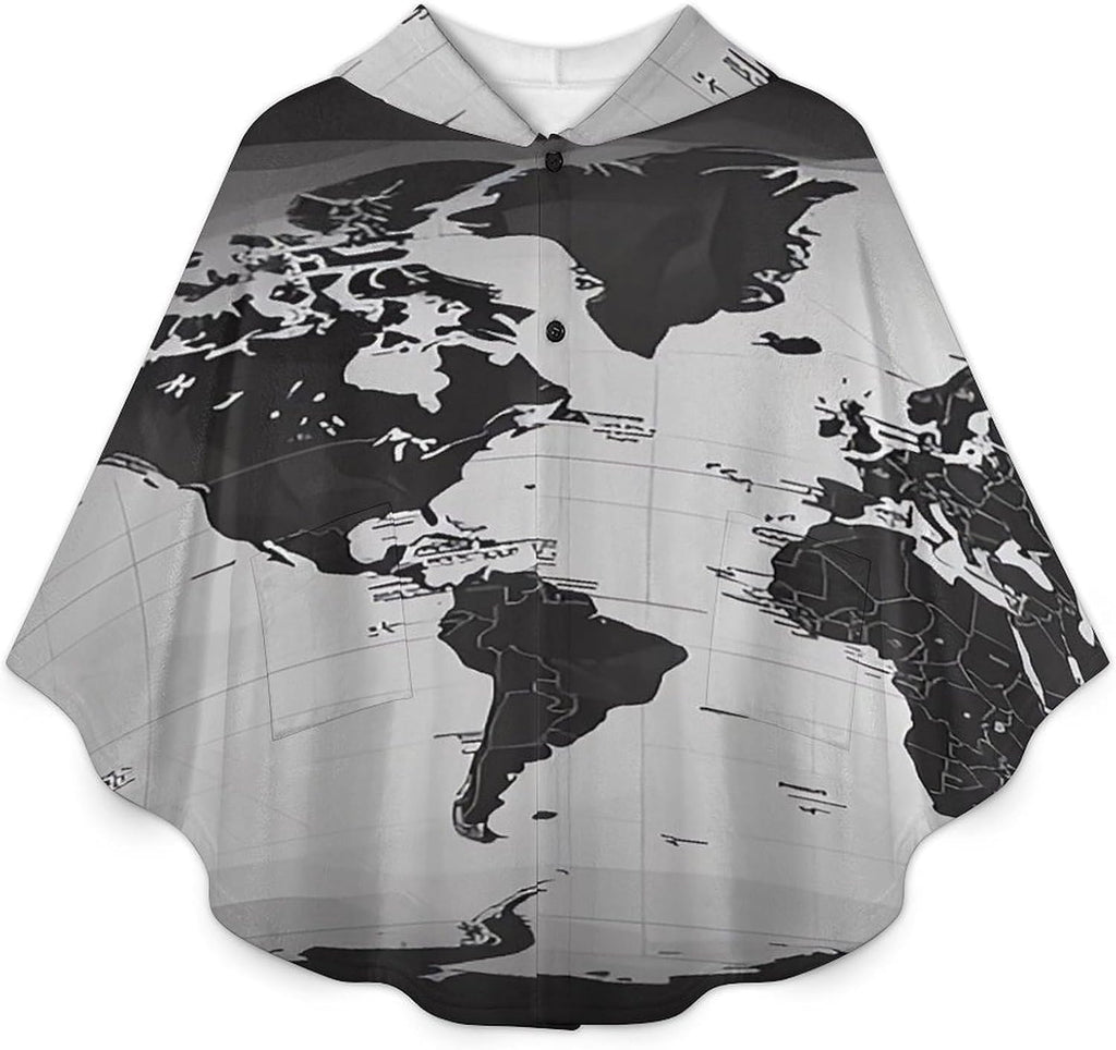 Black And White World Map Wearable Blanket Hoodie Flannel Hooded Blanket | Sweatshirt Oversized Cozy Sweater Gift