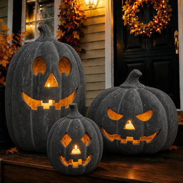 Halloween Decorations - Fall Decor - Black Handmade Terracotta Pumpkin Jack O' Lantern with Flameless Candle - Cute
