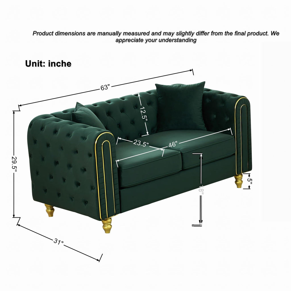 Velvet Chesterfield Button Tufted Sofa, Modern 2 Deep Seater Couch, Upholstered Comfy Loveseat Sofa with 2 Pillows
