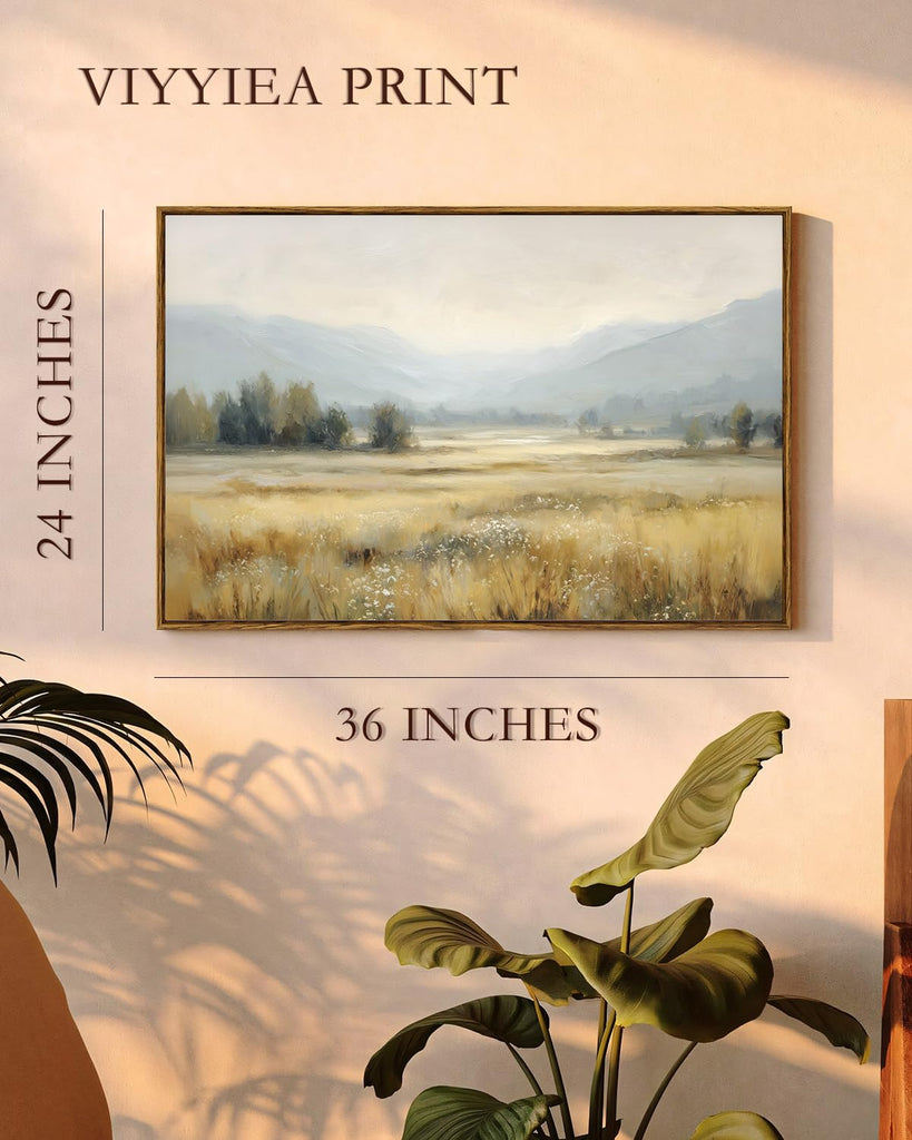 Large Vintage Landscape Canvas Wall Art, Neutral Landscape Wall Art, 24x36 Inch Framed Canvas, Misty Mountain Meadow