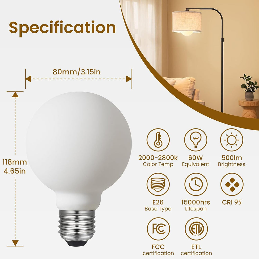 LED Light Bulb G25/G80 Dim-to-Warm 2000-2800K E26 Matt White Frosted Porcelain CRI 95 Excellent Color Accuracy 6W=60W
