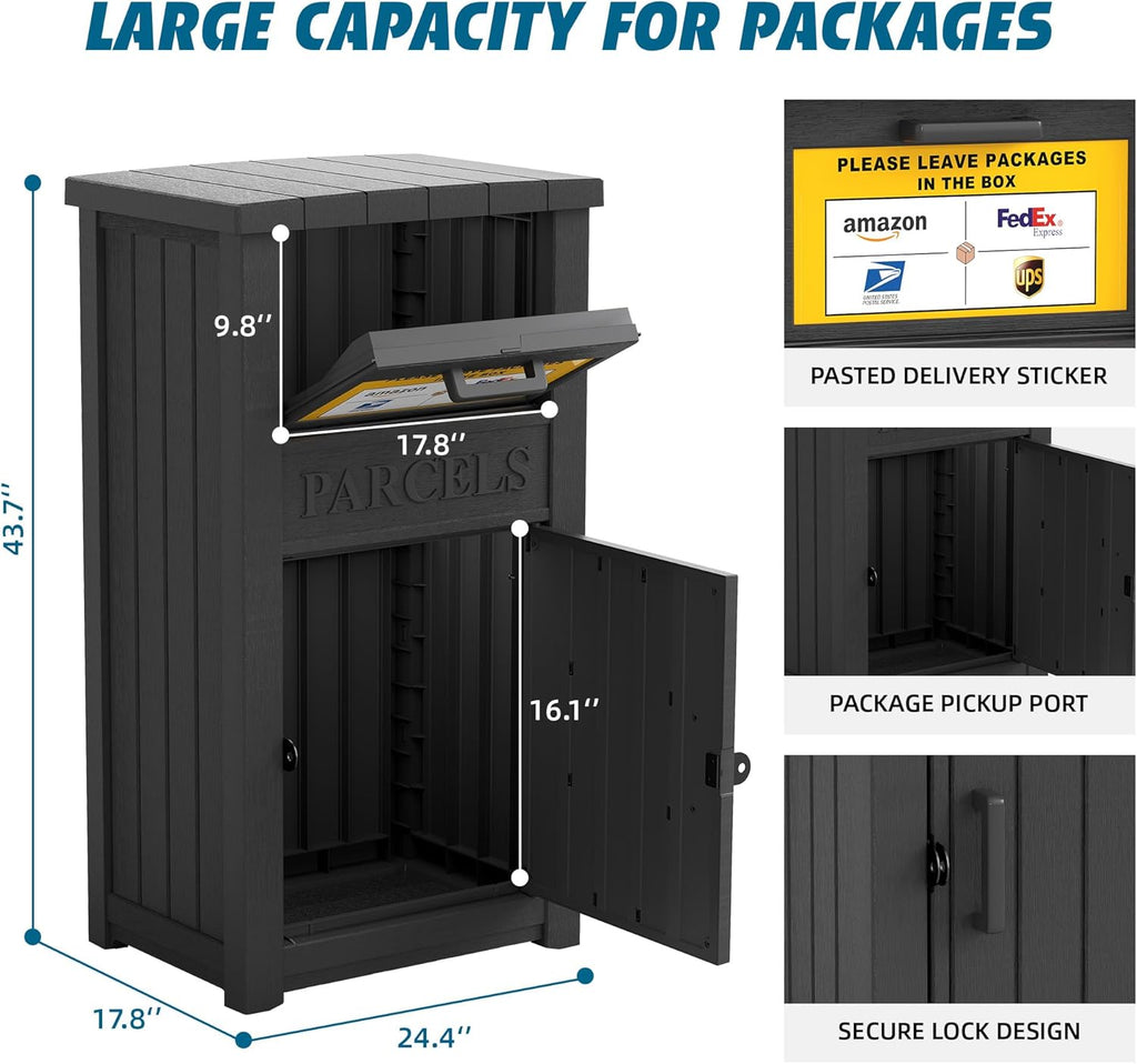 Package Delivery Box Secure, Waterproof Packages Drop Box Theft Parcel Drop Storage for Curbside, House, Black with Sign
