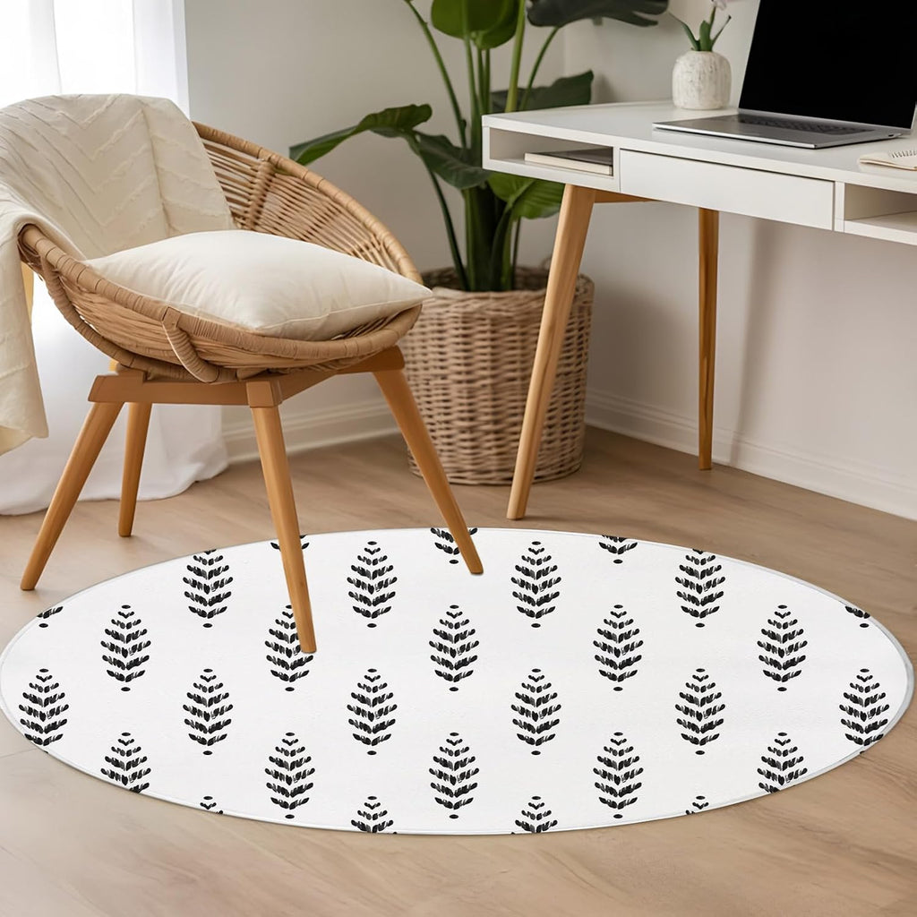 3ft Round Rug,Modern Scandi Botanical Leaves Washable Area Rugs Non-Slip Accent Rug Minimalist Black Leaf on White