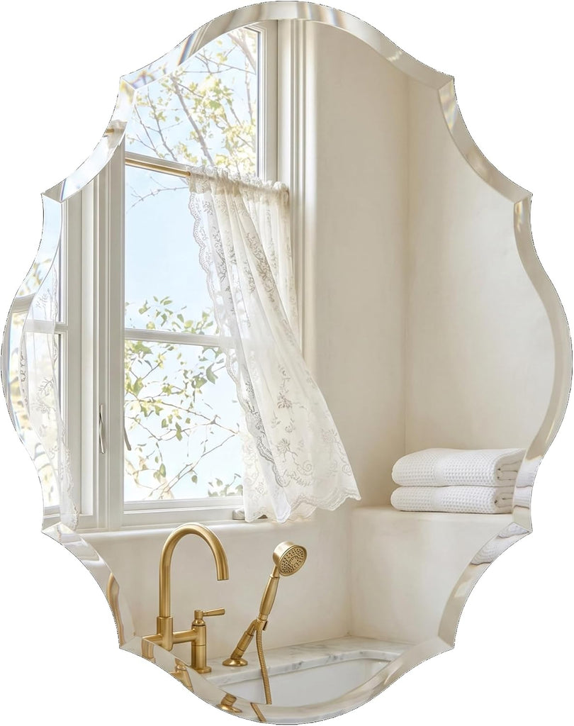22" x 28" Frameless Scalloped Wall Mirror, Beveled Edge Bathroom Vanity Mirror with Reinforced Backing for