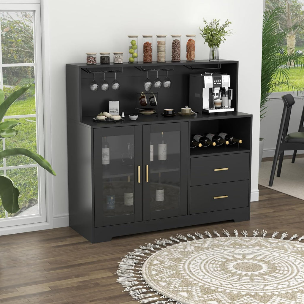 Bar Cabinet with LED Light,Coffee Bar Cabinet w/ Wine & Glass Rack | Wine Cabinets with Drawers & Microwave Stand