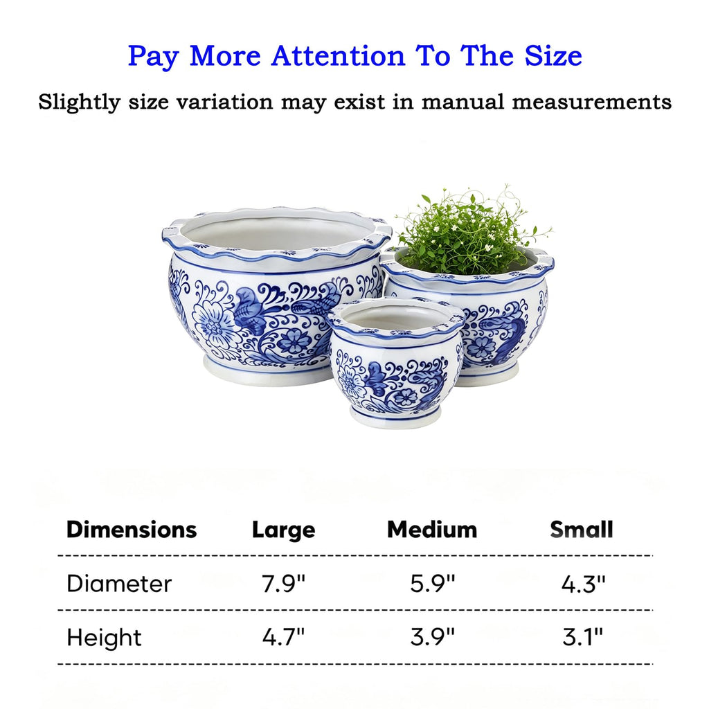 Blue and White Planters, Ceramic Plant Pots Indoor with Drainage, Set of 3