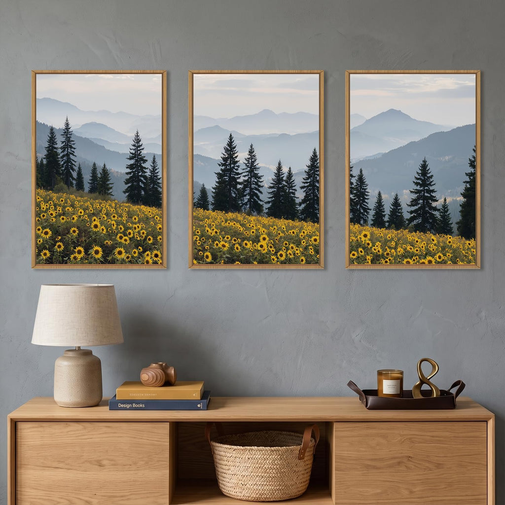 Large Boho Wildness Sunflower Framed Canvas Wall Art Set -16"x24"x3