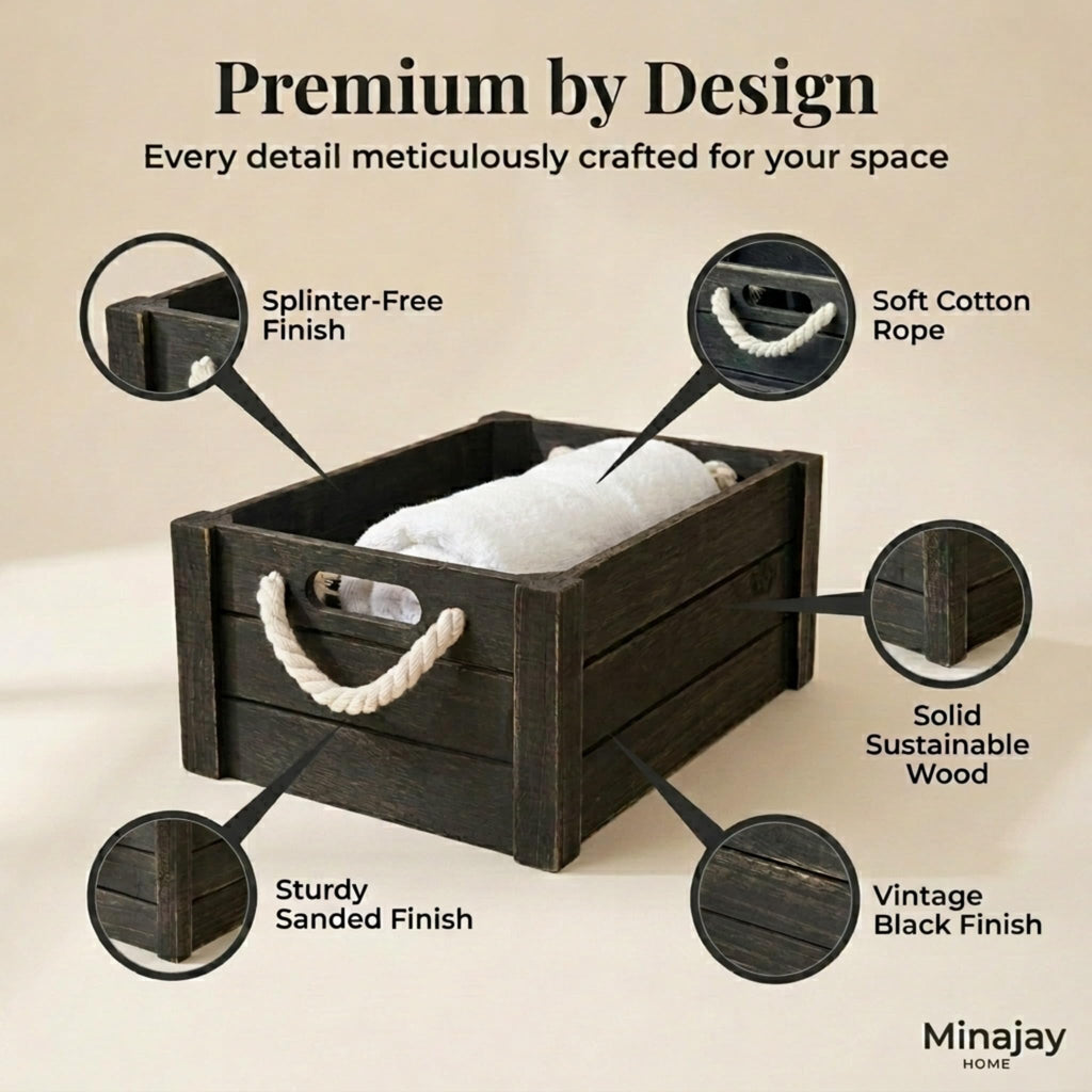 Set of 3 Black Wooden Crates with Rope Handles, Nesting Decor Storage Boxes