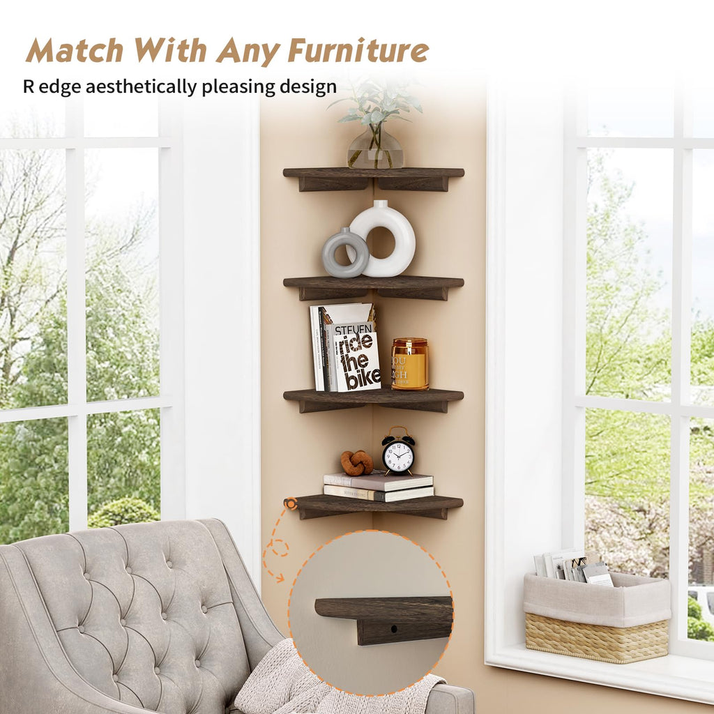 Floating Corner Shelves for Wall Set of 4, Small Corner Bookshelf Books, Round Wooden Corner Shelf Wall Mount Plants