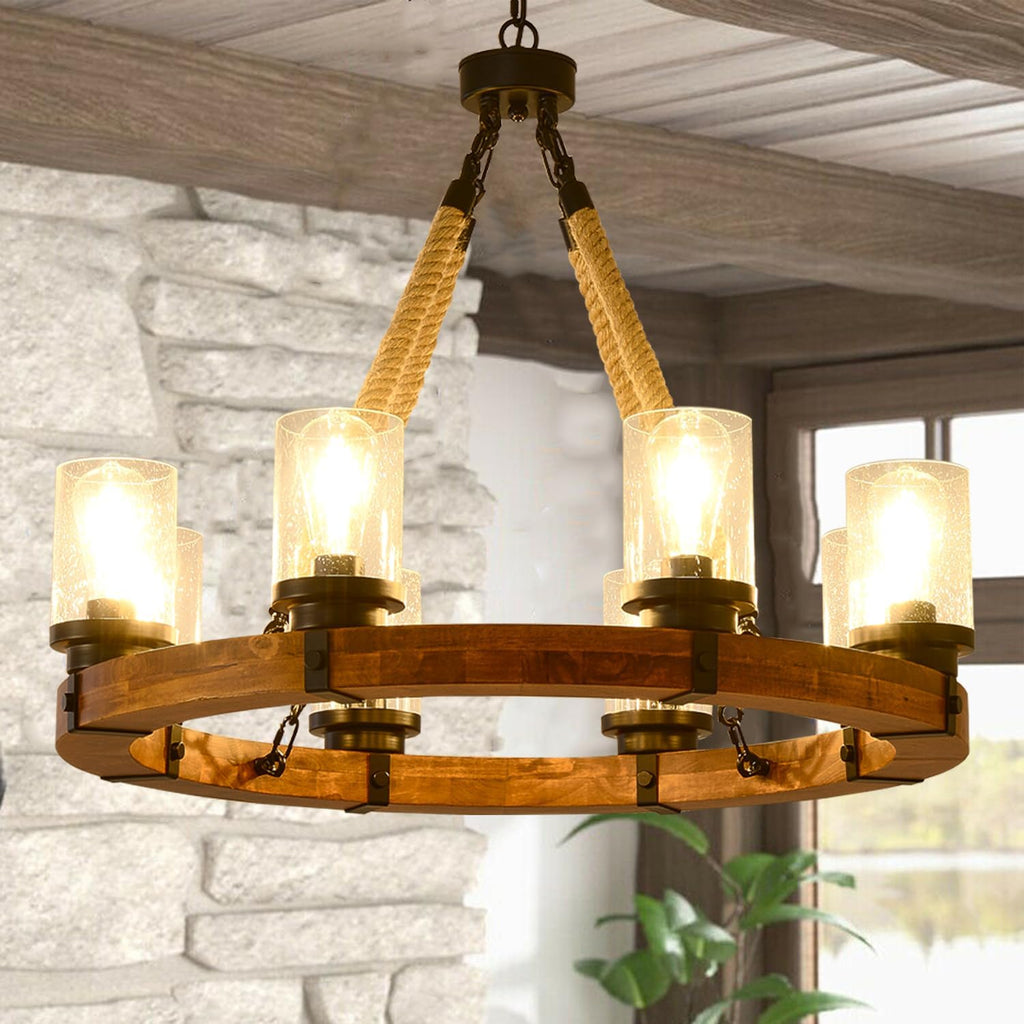 8 Light Wagon Wheels Chandeliers,Round Wood Pendant Light with Seeded Glass Shade Rustic Farmhouse Pendant for Dining Room Kitchen and Entryway A105-B0DN1KTN85