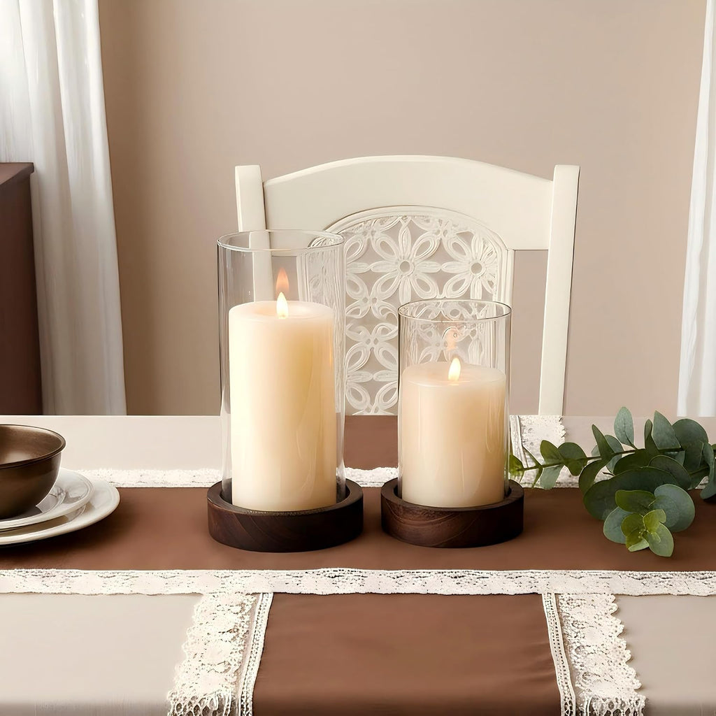 Set of 2 Hurricane Candle Holders with Wood Base & Glass Cylinder (4.2x5.9" & 4.6x7.8") - Rustic Wooden Candle
