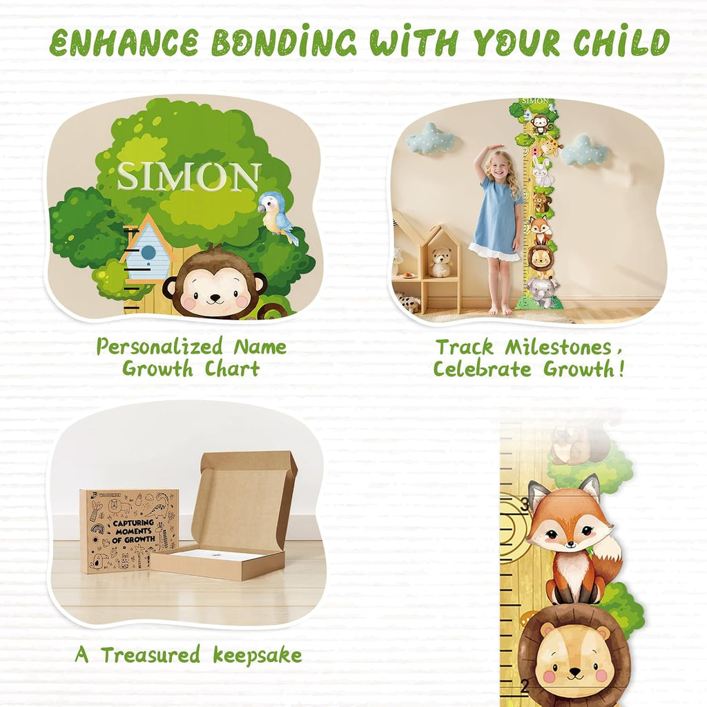 Personalized Name Wooden Growth Chart for Wall - Forest Animal Height Chart for Kids, Growth Measuring Board and Kids