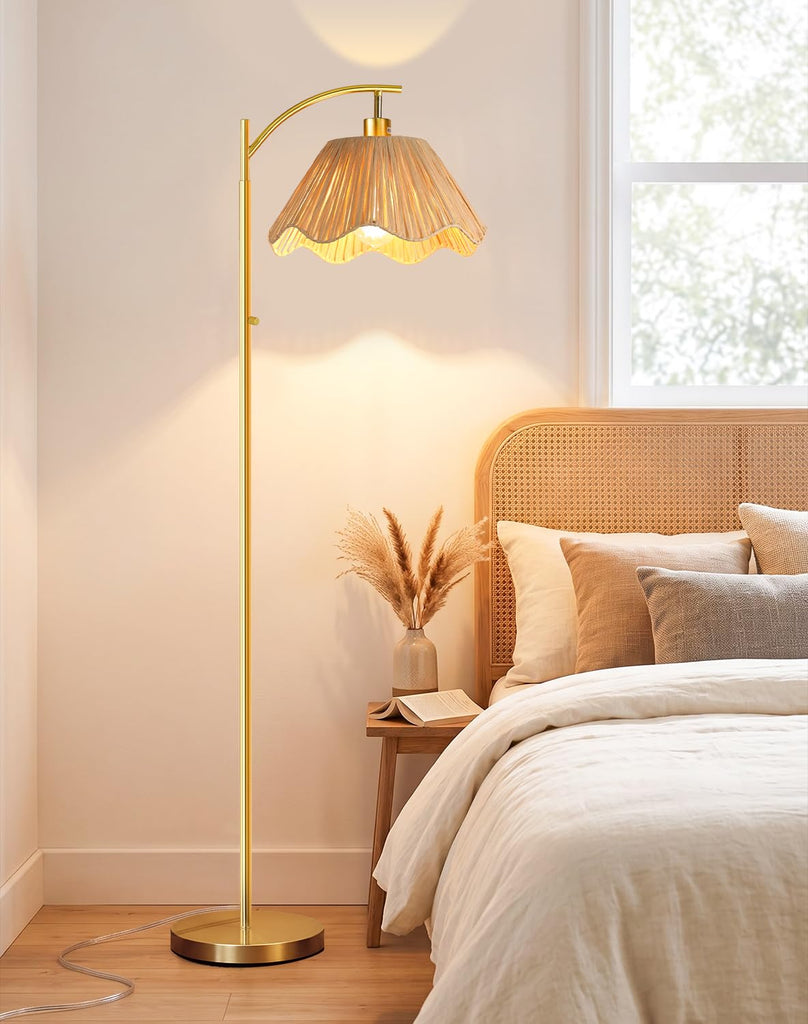 Arc Floor Lamp, Rattan Boho Floor Lamp with Hand-Woven Raffia Shade, Stepless Dimmable Rotary Switch, 63" Gold