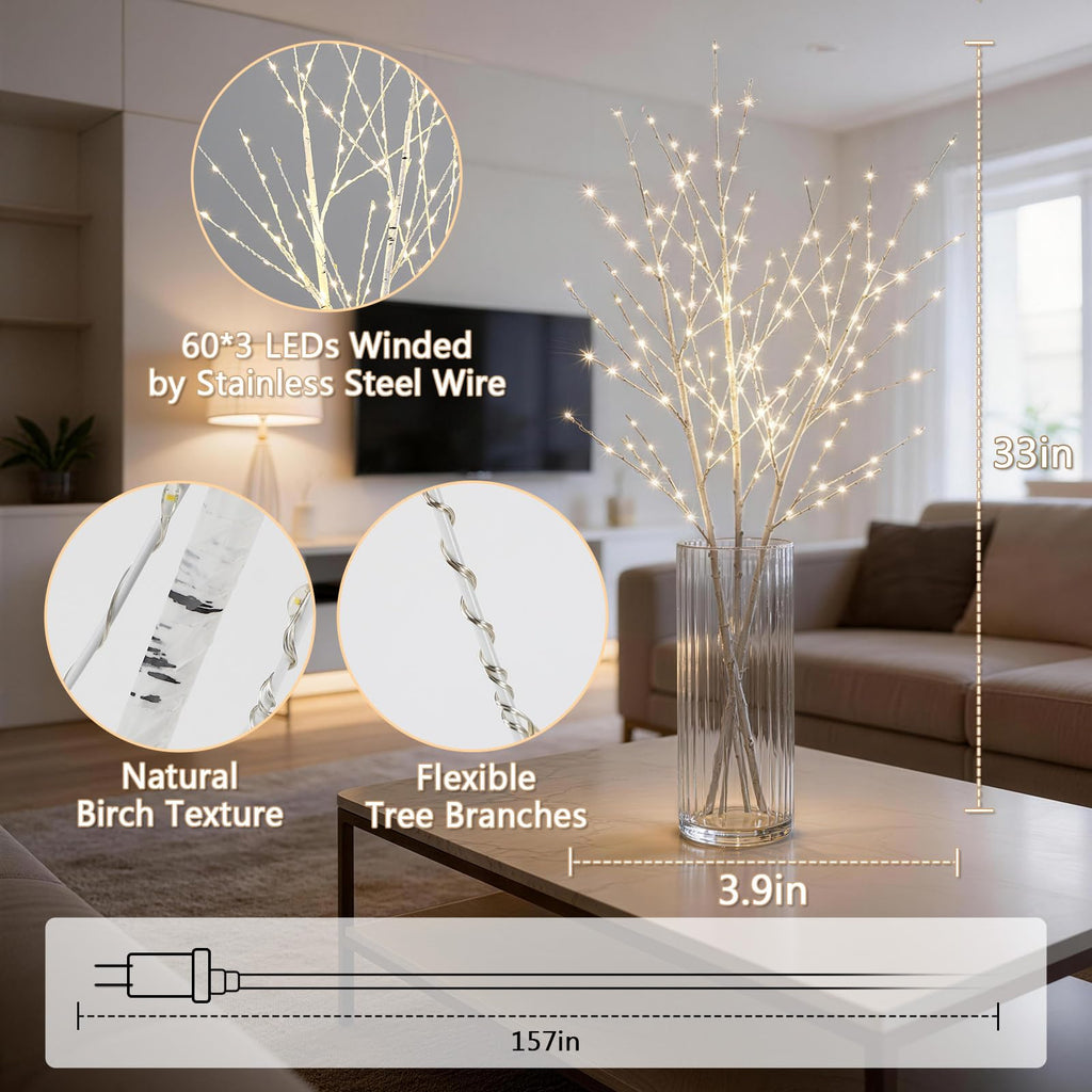 Lighted Birch Tree Branches 33IN with Timer Light up Branches