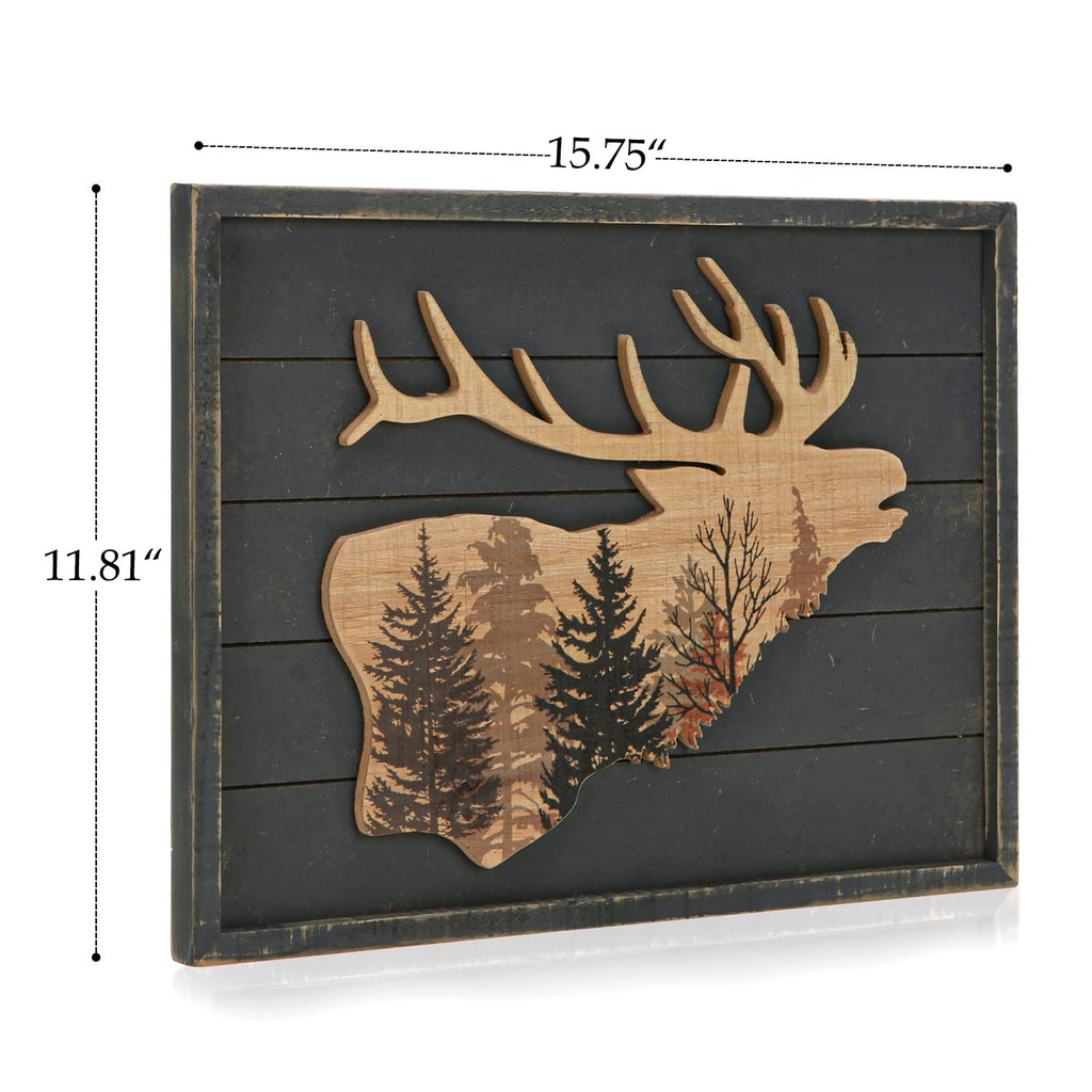 Cabin Wall Decor, Decorative Moose Wood Framed Forest Mountain Woodland Wildlife Lodge Deer Animal Picture Art Print