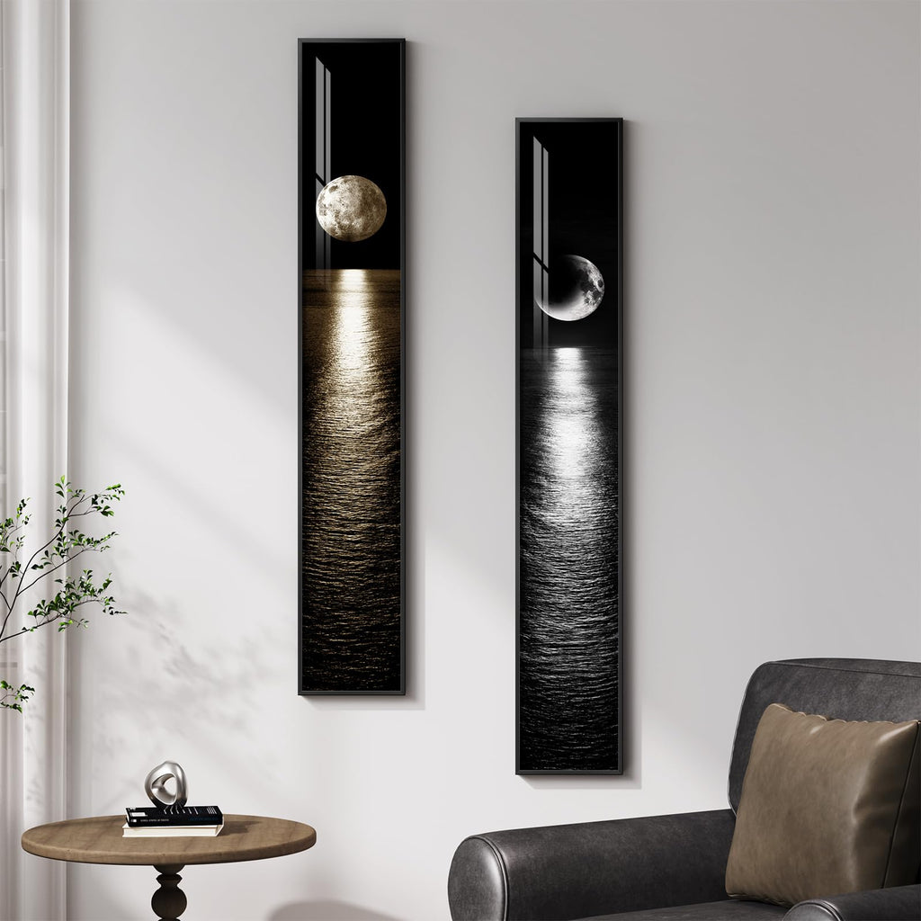 Framed Vertical Black White Gold Moon Landscape Wall Art Decor, 2 Pieces