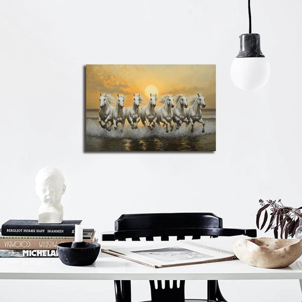 Horse Pictures Wall Decor, 7 Running Horses Wall Art Vastu With Frame, Horse Posters Canvas Wall Art, Seven Horses