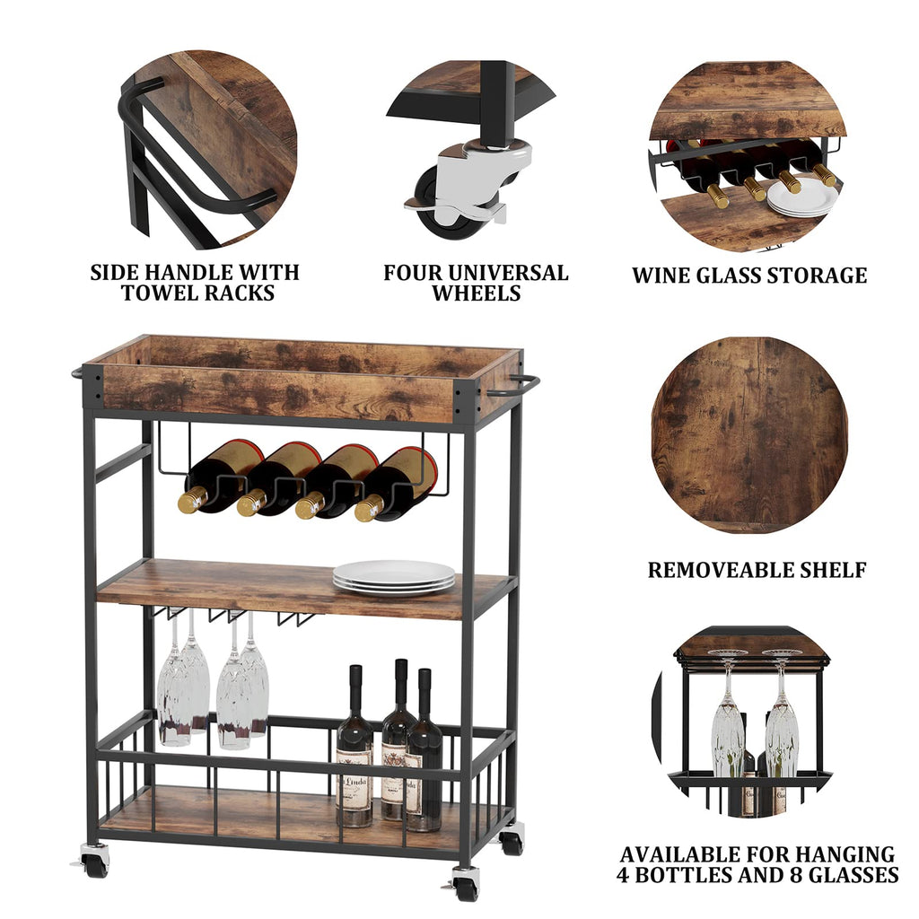 Bar Cart Serving Wine 3 Tier Home Rolling Rack with Wheels Mobile Kitchen Industrial Vintage Style Wood Metal Serving
