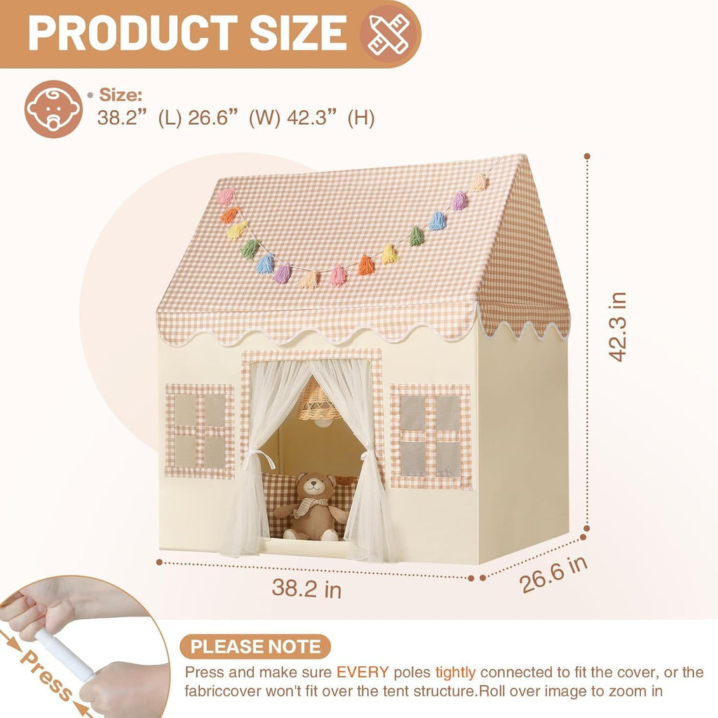 Kids Play Tent Indoor: with Brown Checkered, Mat, Rainbow Tissue Garland - Girl Tent Indoor Playhouse for Girls Kids