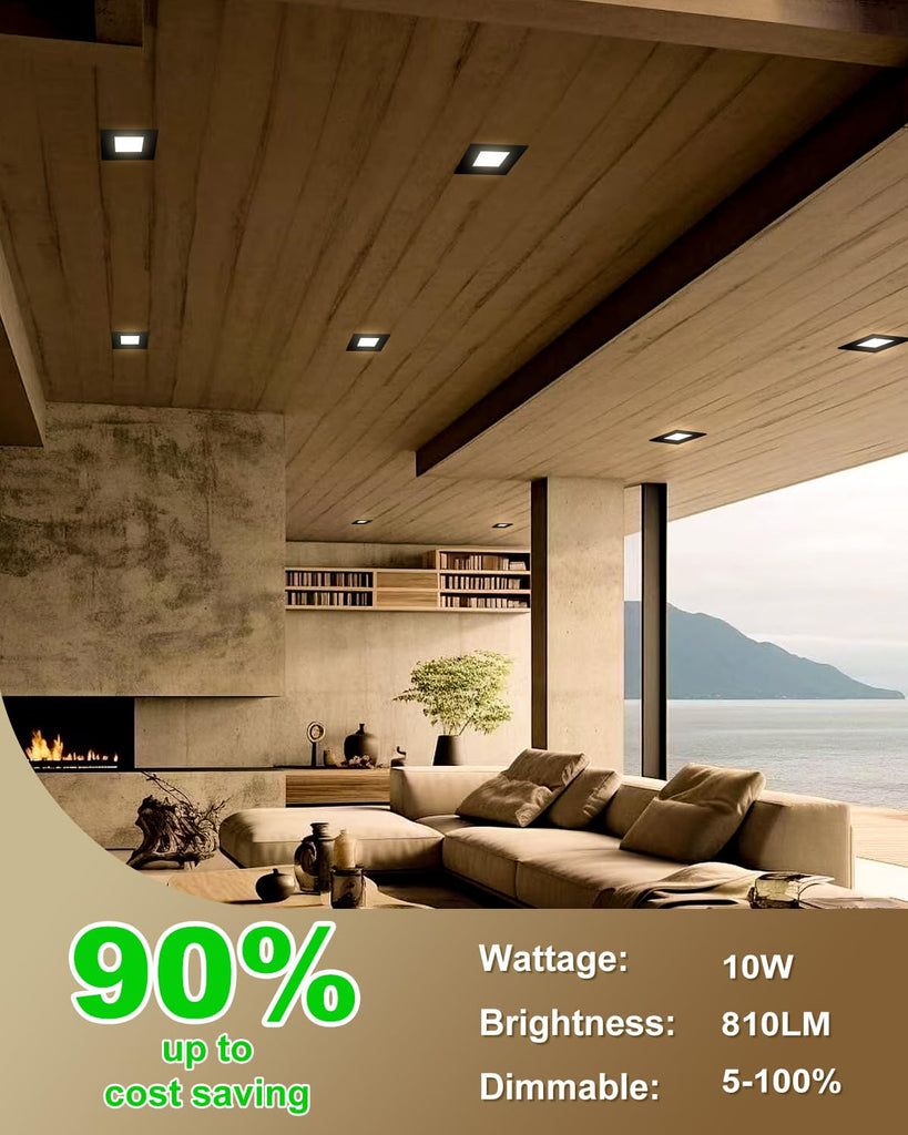 12 Pack 4 Inch Black Square LED Recessed Light, 5CCT, 10W, Dimmable