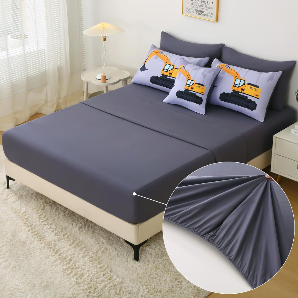 Construction Twin Bedding Sets for Boys Kids,6 Piece Bed in A Bag 3D Cartoon Car Excavator Tractor Comforter Set with Sheet Set,Trucks Cars