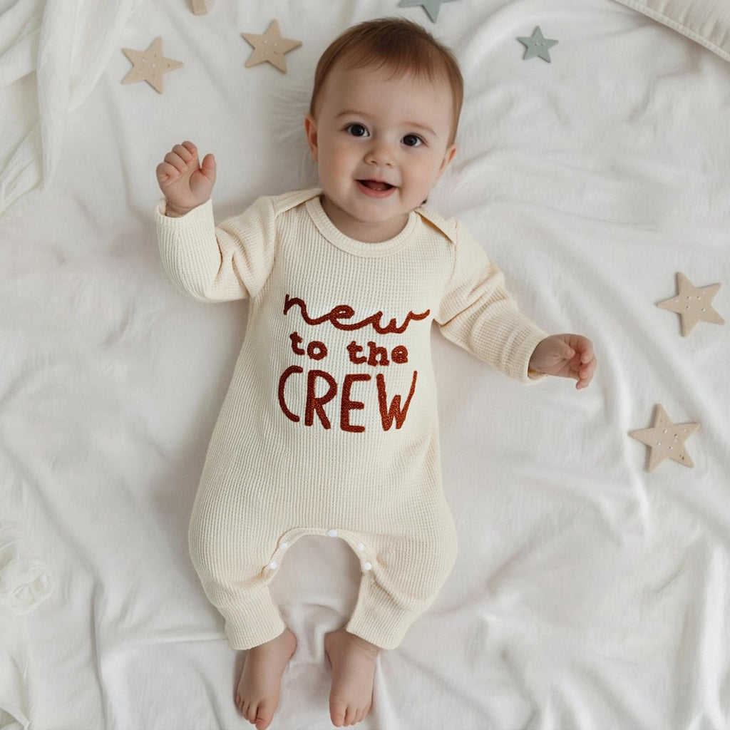 Newborn Baby Boy Fall Outfit Romper New to The Crew Long Sleeve Jumpsuit Bodysuit Infant Winter Waffle Clothes