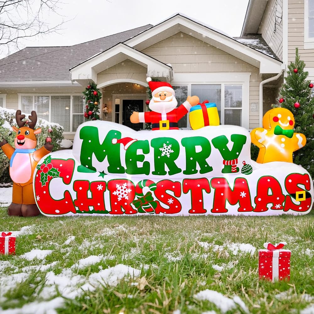 10FT Christmas Inflatables Outdoor Decorations Inflatable Merry Christmas with Santa Gingerbread Reindeer, Built in