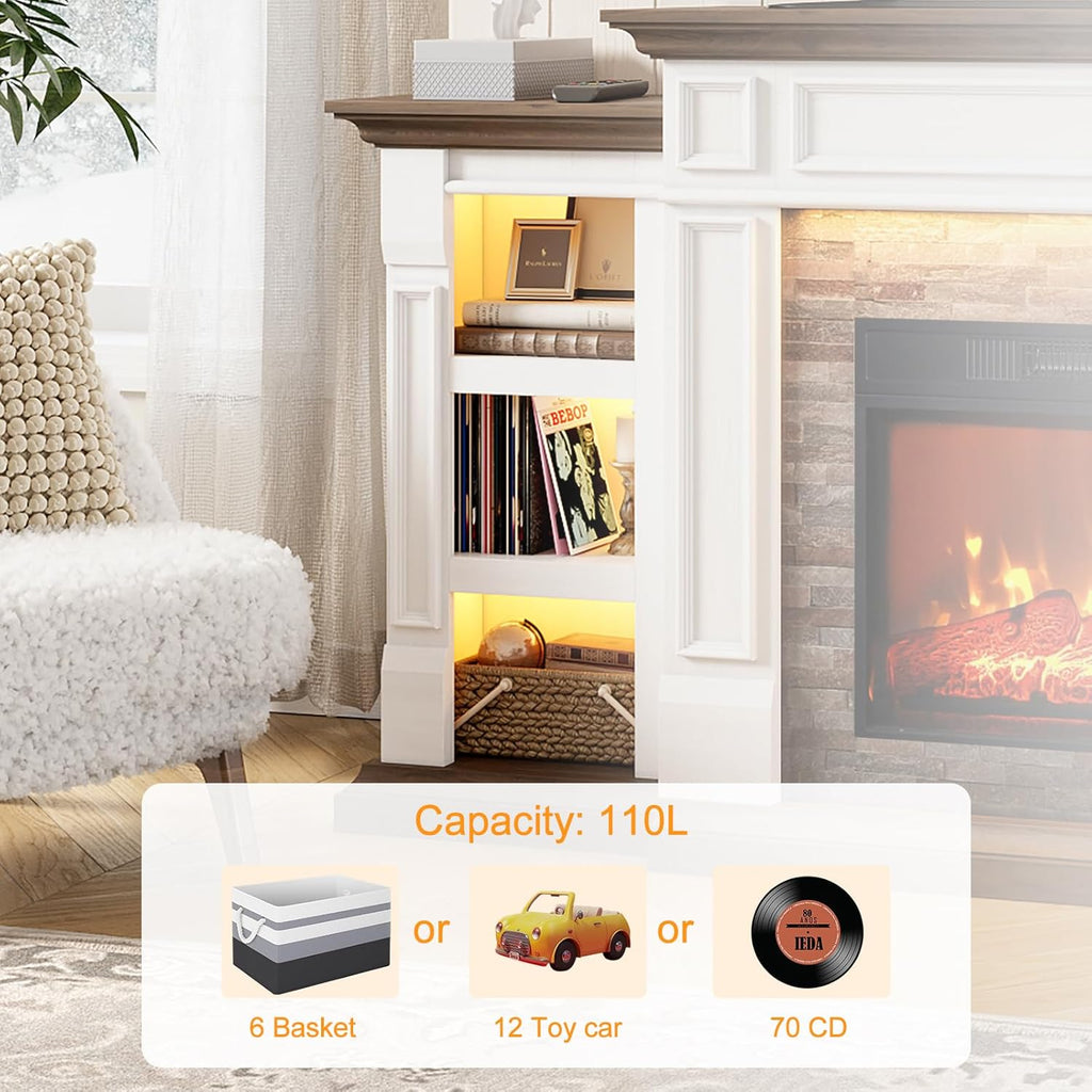 72 Inch Electric Fireplace TV Stand with Mantel and Storage Cabinets, LED Lighting, Stacked Stone Surround and 3D Realistic Flame with Remote Control
