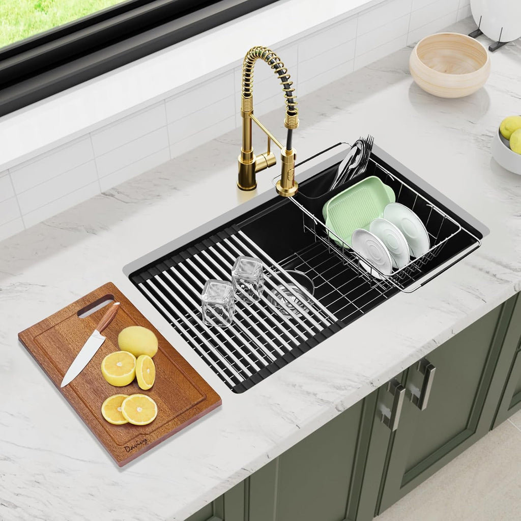 30 Inch Black Granite Sink Workstation, 30 x 18 Black Undermount/Drop Sink, Deep Quartz Composite Single Bowl with