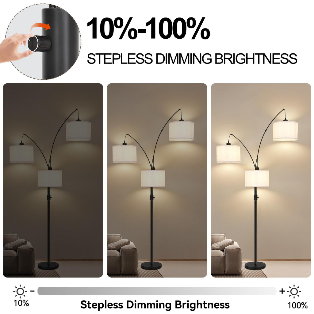 Dimmable Arc Floor Lamp-3 Lights Floor Lamps, Modern Tall Standing Lamp with Beige Drum Shades&Heavy Base, Mid Century