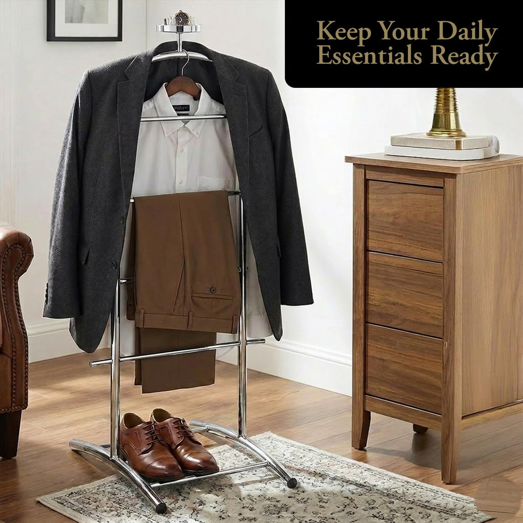 Freestanding Metal Suit Valet Stand with Tie Bar, Chrome