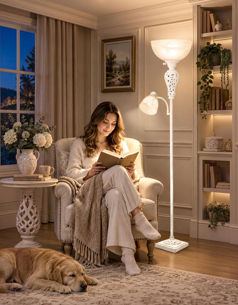 Torchiere Floor Lamp with Adjustable Reading Light Corner
