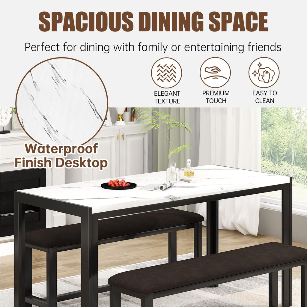 Dining Table Set for 4, Faux Marble Kitchen Table with 2 Leather Bench
