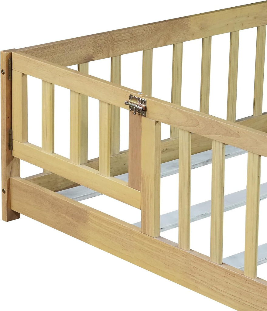Floor Bed Frame with Fence and Door for Kids, Montessori Floor Bed with Slats and Safety Guardrails, Solid
