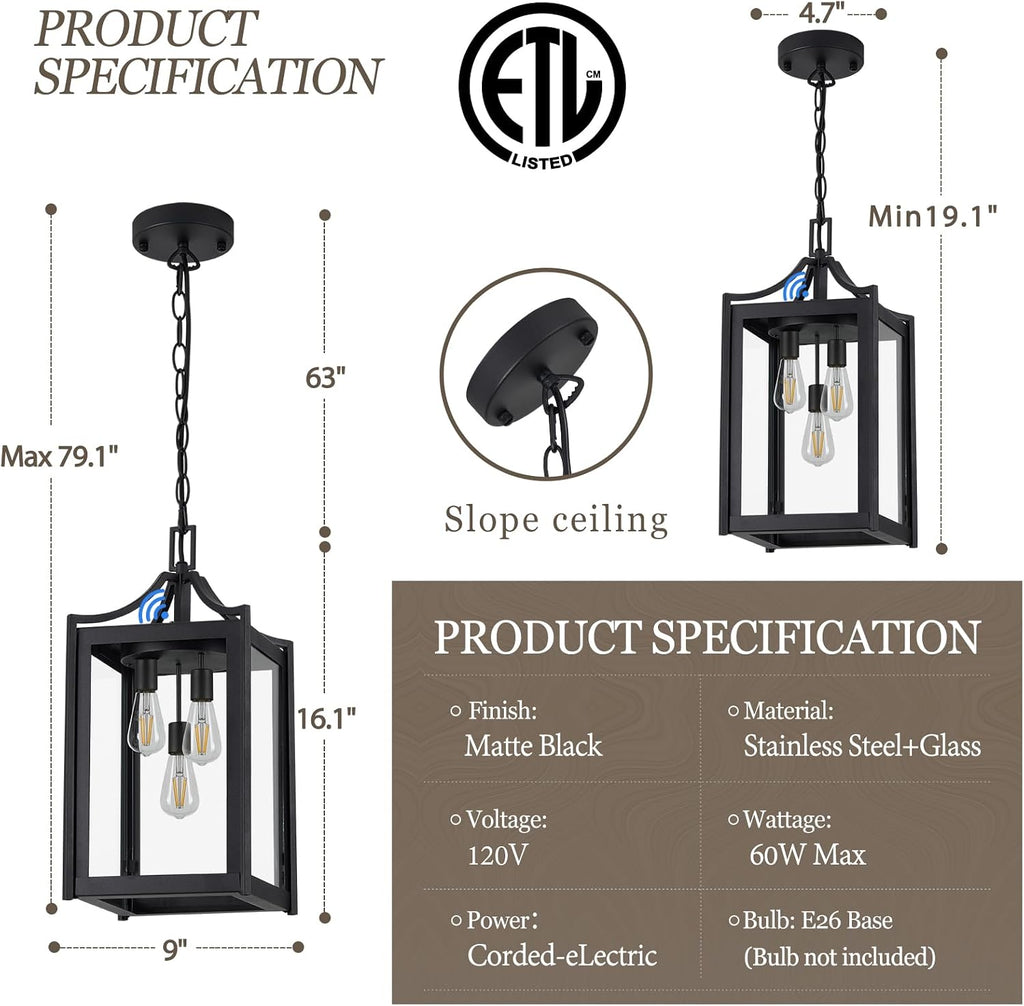 Outdoor Pendant Lights for Porch, 18.5" Large Dusk to Dawn Outdoor Chandelier with Clear Glass