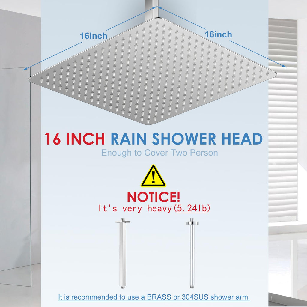 16 inch Large Rain Shower Head Ceiling Mounted - All Metal 304 Stainless Steel, Full Body Rainfall Shower with 324