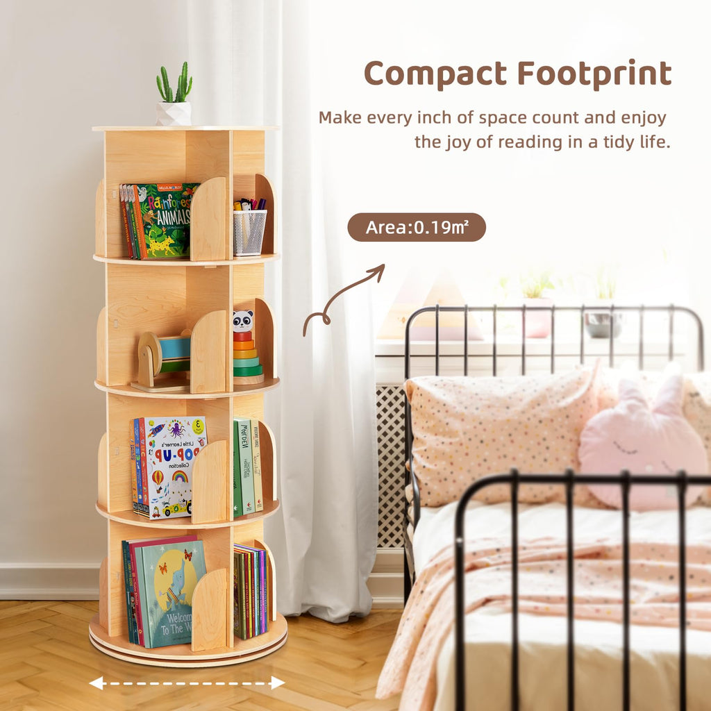 4-Tier Rotating Bookshelf Tower, 360°Display Wooden Spinning Bookcase