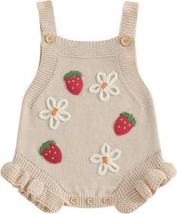 Newborn Infant Baby Girl Clothes Strawberry Embroidery Sleeveless Knit Ruffle Romper Sweater Overalls Bodysuit
