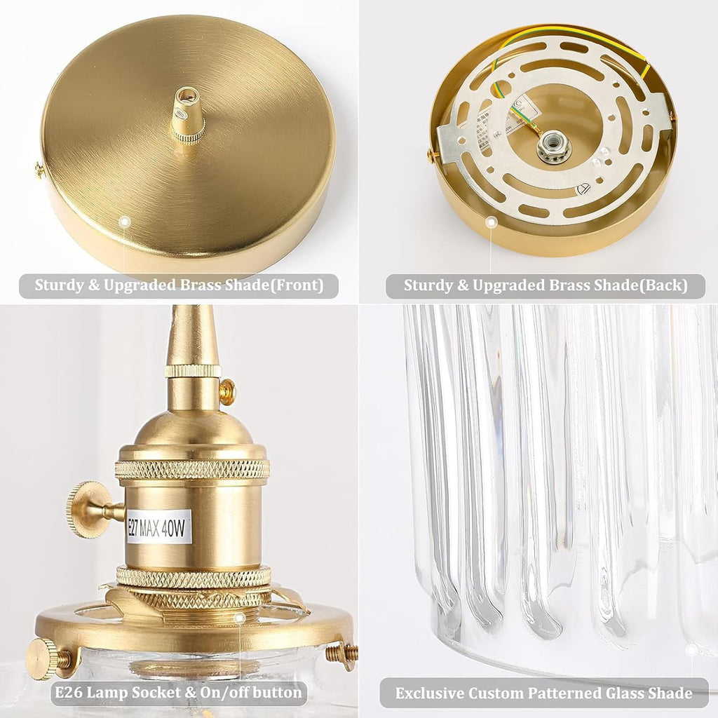 Pendant Light 2 Pack with Clear Striped Glass Lmapshade, Brass Vintage Pendant Light Adjustable Hanging Light for