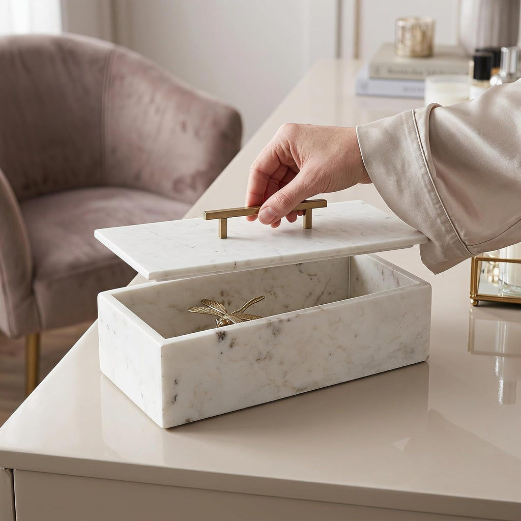 Modern White Marble Storage Box with Brass Handle, Stylish Accent Piece, Removable Lid, Ideal Organization, 11.7' X 7'