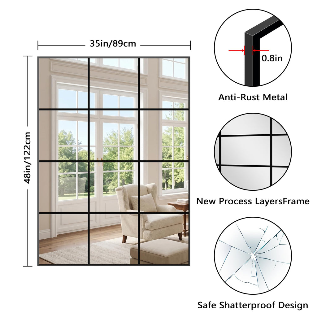 Window Pane Mirror, 48x35 Inch Black Rectangular Wall Mirror