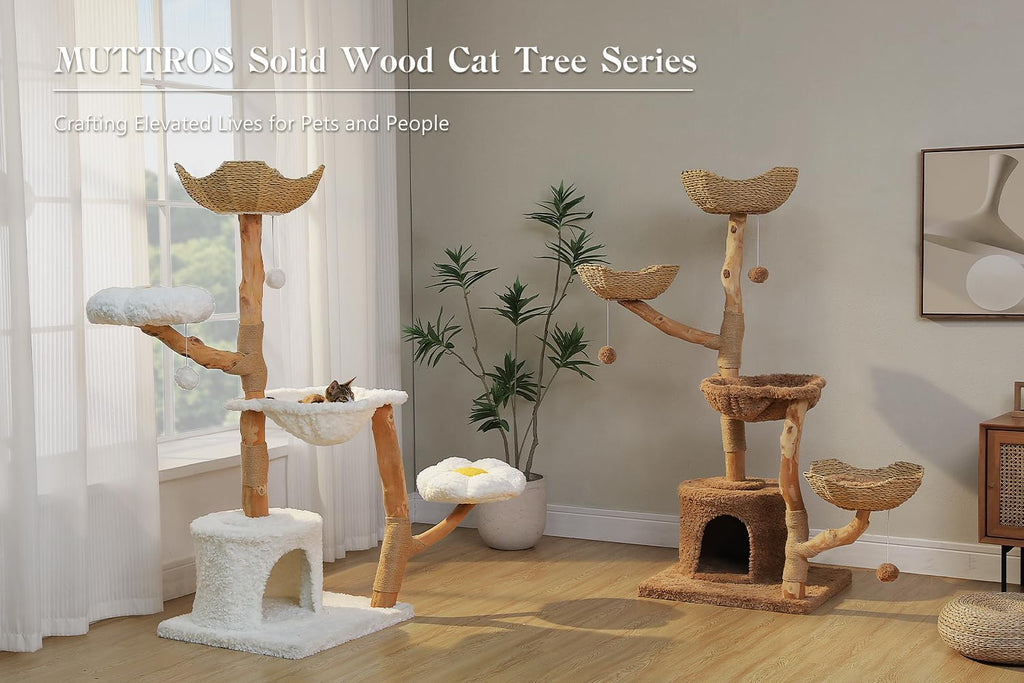 59" Modern Cat Tree for Large Cats, 3 Wicker Baskets & Condo, Brown